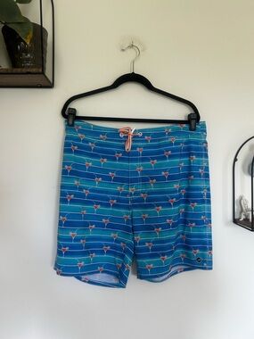 Johnnie-O Martini Print Blue Striped Swim Trunks Size XL